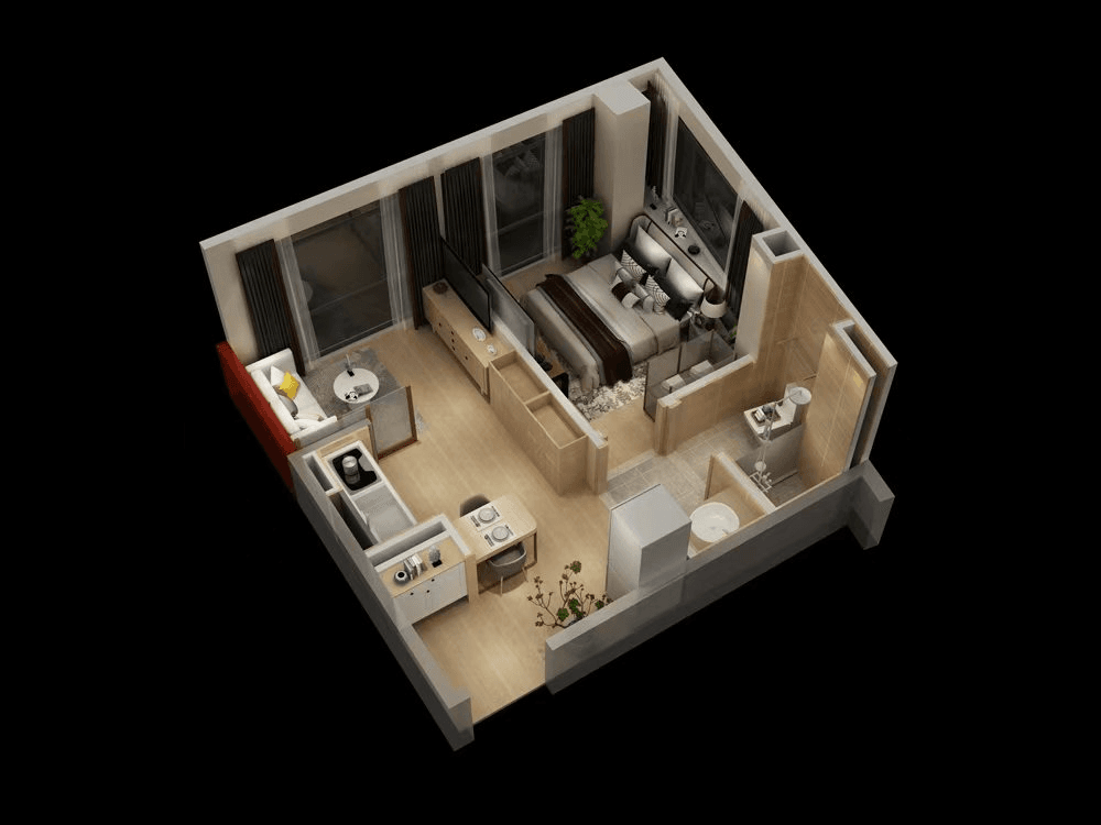 3D Floor Plan — Furnished Unit Layout 1