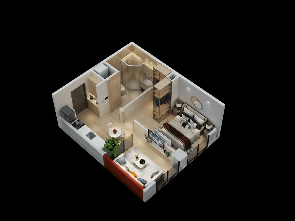 3D Floor Plan — Furnished Unit Layout 2